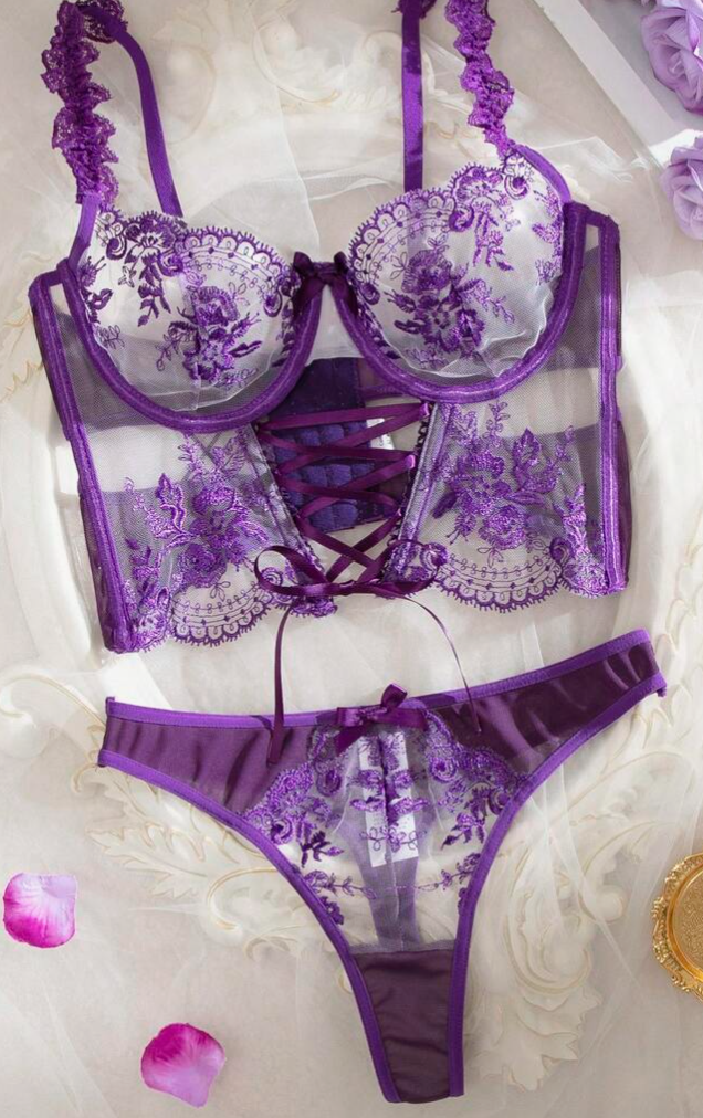2 piezas Conjunto de lencería sexy de malla bordada con flores XL