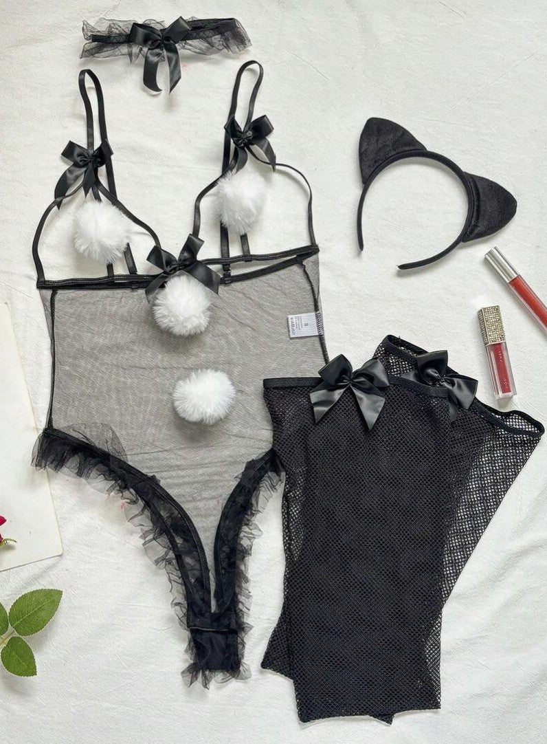 Fantasy Costume Set de 5 piezas de disfraz de corbata de moño, pompón en forma de corazón y orejas de gato hueca