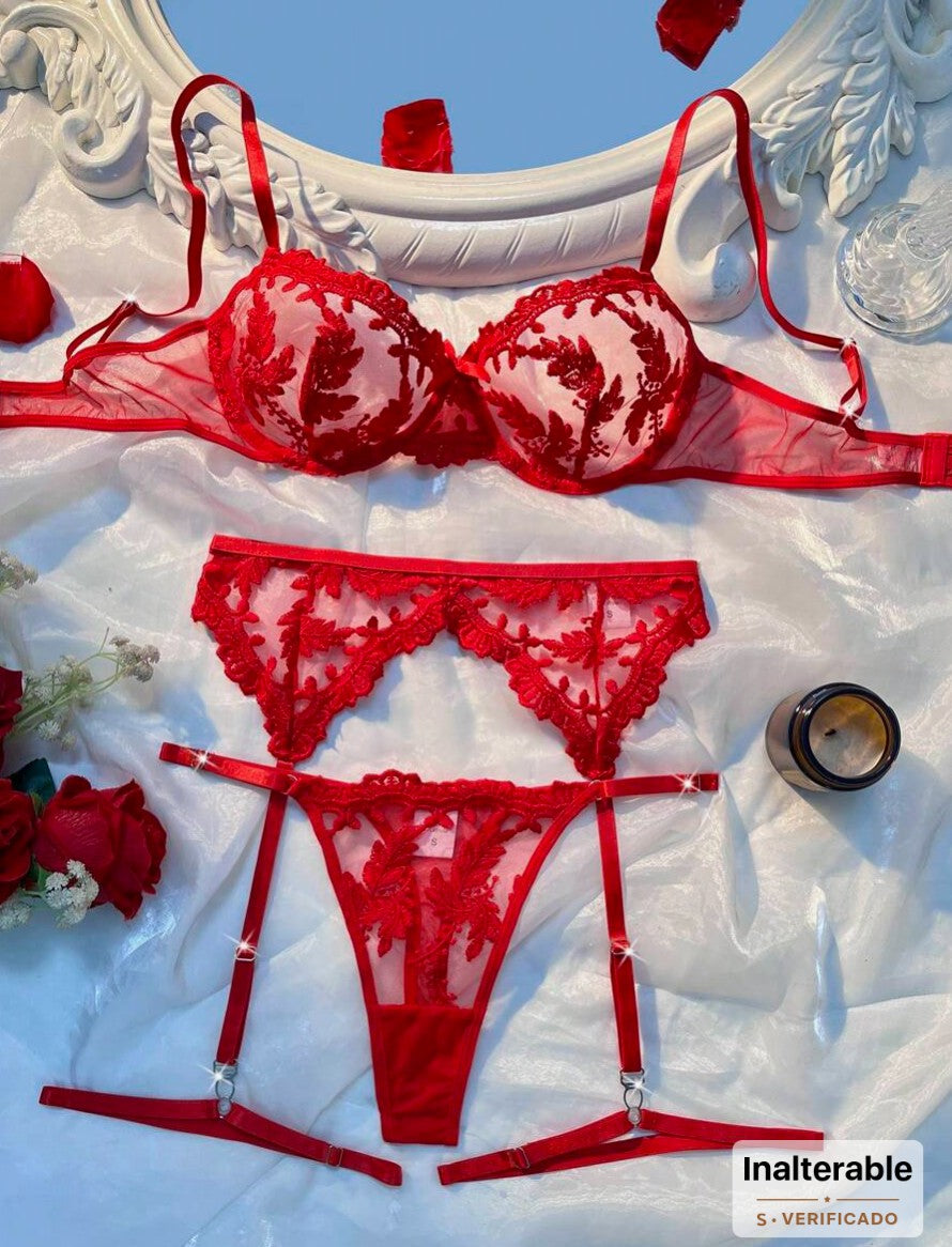 Conjunto de lencería sexy de 5 piezas con bordado floral de malla para salir