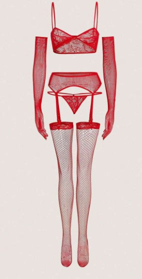 Conjunto sexy de 5 piezas en color rojo clásico que incluye: Sujetador + Tanga + Ligueros + Medias de red + Guantes. Todos estos artículos de lencería sexy de alta gama con encaje y diseño seductor son prendas de moda.