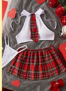Conjunto de disfraz de Halloween de 4 piezas de estilo colegiala a cuadros, con top corto sin espalda de unicolor, falda a cuadros con cintura elástica y abertura, tanga con cordones, lencería sexy de uniforme para mujer