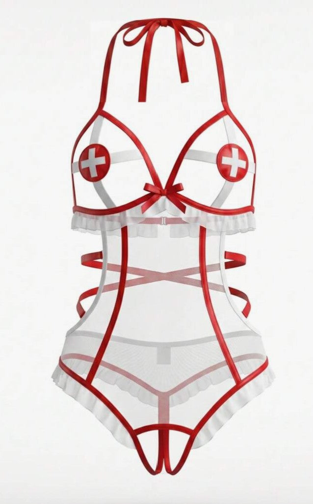 Costume Disfraz de enfermera sexy para mujer, con diseño de pecho hueco y sin entrepierna,