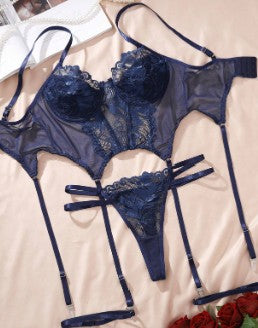 4 piezas Conjunto de lencería con liguero de encaje floral con recortes, corsé con aros y tanga